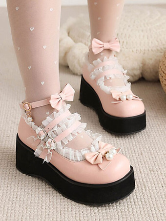 ピンクロリータシューズ パール弓PUレザーウェッジヒール スイート ロリータポンプ ホワイト