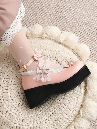 ロリータシューズ パール弓PUレザーウェッジヒール スイート ロリータポンプ ホワイト