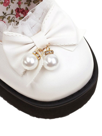 ロリータシューズ パール弓PUレザーウェッジヒール スイート ロリータポンプ ホワイト