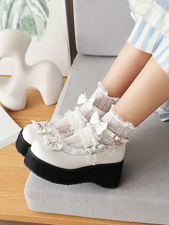 ロリータシューズ パール弓PUレザーウェッジヒール スイート ロリータポンプ ホワイト