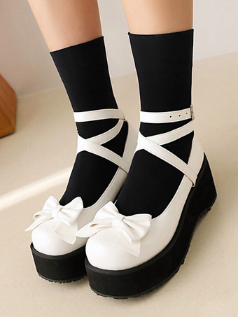 Süße Lolita-Schuhe weiße Bögen Bogen PU-Leder Keilabsatz Lolita Pumps