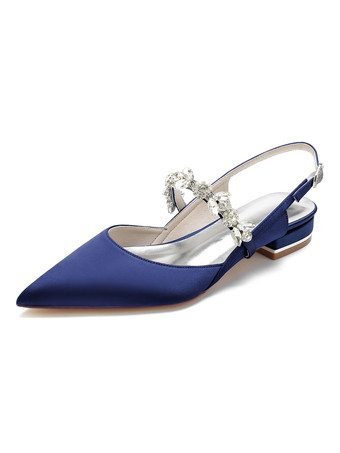 ディープブルー女性の結婚式の靴ラインストーンサテン先のとがったつま先フラットブライダルシューズ