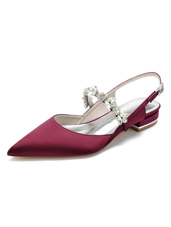 バーガンディー女性の結婚式の靴ラインストーンサテン先のとがったつま先フラットブライダルシューズ