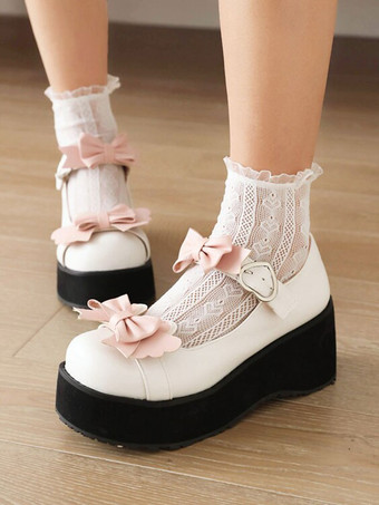 ホワイト 甘いロリータシューズブラックボウラウンドトゥPUレザーロリータシューズ