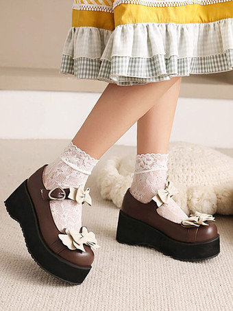 ディープブラウン甘いロリータシューズブラックボウラウンドトゥPUレザーロリータシューズ