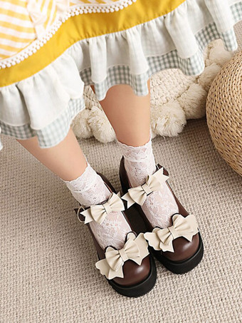 甘いロリータシューズブラックボウラウンドトゥPUレザーロリータシューズ