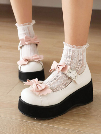 甘いロリータシューズブラックボウラウンドトゥPUレザーロリータシューズ