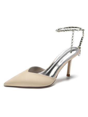 シャンパンカラー女性のブライダルシューズラインストーンサテンポインテッドトゥスティレットヒールブライダルシューズ