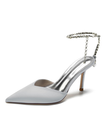 シルバー 女性のブライダルシューズラインストーンサテンポインテッドトゥスティレットヒールブライダルシューズ