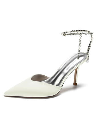 アイボリー 女性のブライダルシューズラインストーンサテンポインテッドトゥスティレットヒールブライダルシューズ