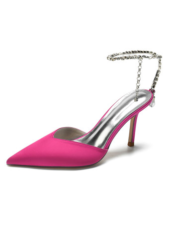 ローズレッド女性のブライダルシューズラインストーンサテンポインテッドトゥスティレットヒールブライダルシューズ