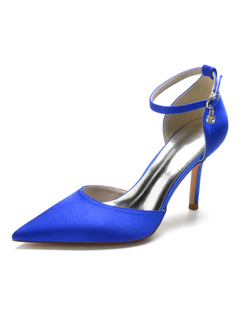 ロイヤルブルー女性のブライダルシューズラインストーンサテンポインテッドトゥスティレットヒールブライダルシューズ
