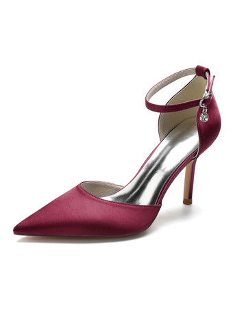 ワインレッド 女性のブライダルシューズラインストーンサテンポインテッドトゥスティレットヒールブライダルシューズ