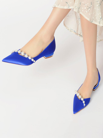 Damen Hochzeitsschuhe Perlen Satin Spitzschuh Flache Brautschuhe