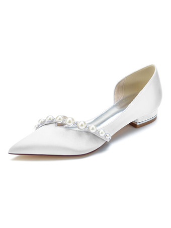 WeißDamen Hochzeitsschuhe Perlen Satin Spitzschuh Flache Brautschuhe