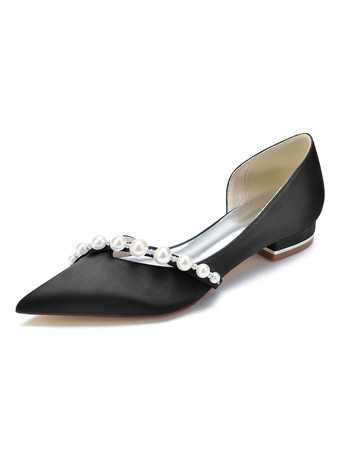 SchwarzDamen Hochzeitsschuhe Perlen Satin Spitzschuh Flache Brautschuhe