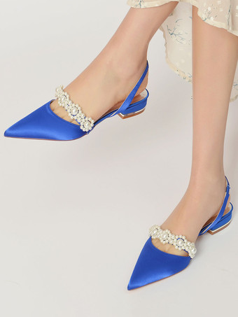 女性の結婚式の靴真珠サテン先のとがったつま先フラットブライダルシューズ