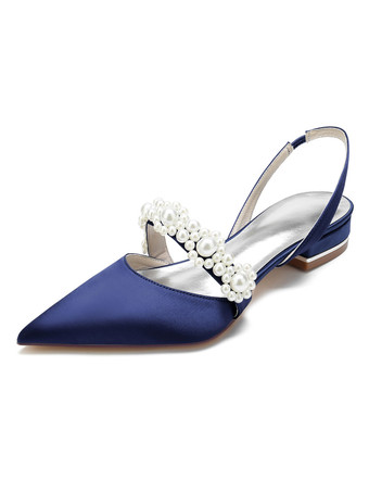 ディープブルー女性の結婚式の靴真珠サテン先のとがったつま先フラットブライダルシューズ
