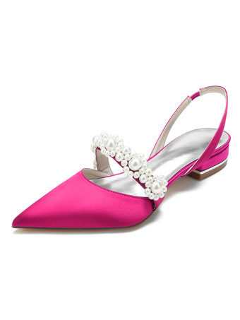 ローズレッド女性の結婚式の靴真珠サテン先のとがったつま先フラットブライダルシューズ