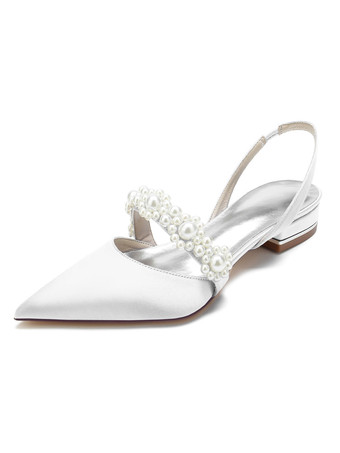 ホワイト 女性の結婚式の靴真珠サテン先のとがったつま先フラットブライダルシューズ