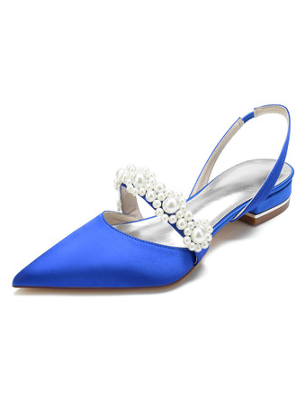 ロイヤルブルー女性の結婚式の靴真珠サテン先のとがったつま先フラットブライダルシューズ