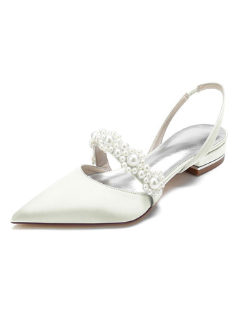 アイボリー 女性の結婚式の靴真珠サテン先のとがったつま先フラットブライダルシューズ