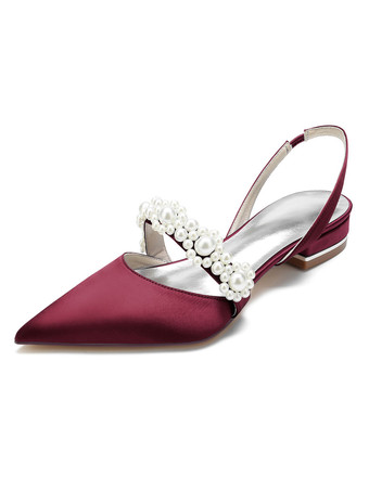 バーガンディー女性の結婚式の靴真珠サテン先のとがったつま先フラットブライダルシューズ