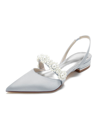 シルバー 女性の結婚式の靴真珠サテン先のとがったつま先フラットブライダルシューズ