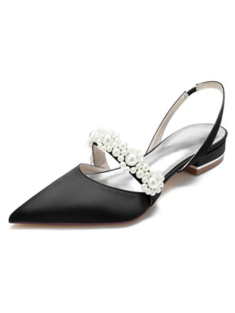 ブラック 女性の結婚式の靴真珠サテン先のとがったつま先フラットブライダルシューズ