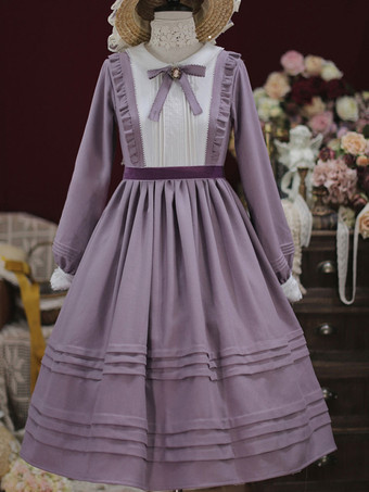 Vestido de Lolita clásico de preventa Vestido de una pieza de Lolita de manga larga con lazos de poliéster