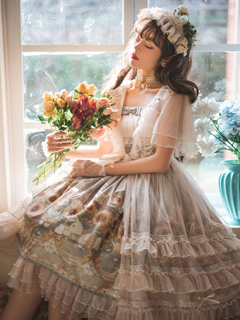 Sweet Lolita Robes Floral Print Bows Lace up Polyester Sans manches Vert Lolita Jumper Jupes