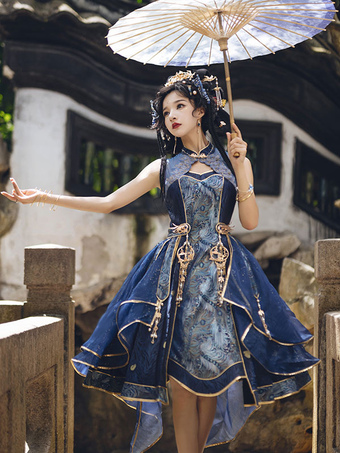 Pre vendita in stile cinese Lolita Dress Jacquard stampa floreale senza maniche blu profondo Qi Lolita Jumper Gonne