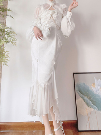 Lolita-Kleider im chinesischen Stil  3-teiliges Set  seitlich drapiertes Polyester  Jacquard  weiße Qi-Lolita-Pullover-Röcke