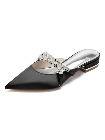 Black Women's Rhinestones Ankle Strap Flat Wedding Shoes