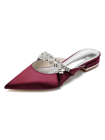 BurgundyWomen's Rhinestones Ankle Strap Flat Wedding Shoes