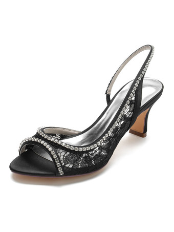 ブラック レディースの結婚式の靴ラインストーンレースのぞきつま先チャンキーヒールブライダルシューズ