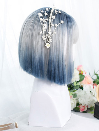 ブルーグレーロリータウィッグショート耐熱ファイバーロリータアクセサリー