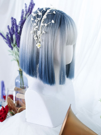 ブルーグレーロリータウィッグショート耐熱ファイバーロリータアクセサリー