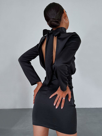 ボディコンドレス ブラック 長袖 セクシー ジュエルネック ミディ シースドレス