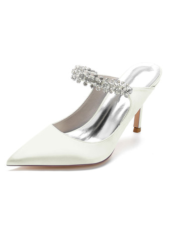 アイボリー 女性の結婚式の靴ラインストーンサテン先のとがったつま先スティレットヒールブライダルシューズ