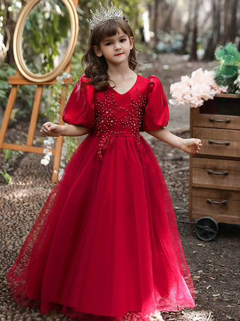 Vestidos de menina de flores com decote em V mistura de algodão mangas curtas princesa silhueta apliques vestidos de festa infantil