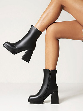 ブラック レディース ピンク ブーティ プラットフォーム スクエアトゥ ブロックヒール アンクルブーツ