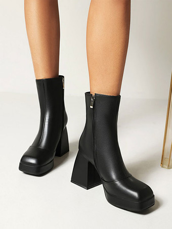 レディース ピンク ブーティ プラットフォーム スクエアトゥ ブロックヒール アンクルブーツ