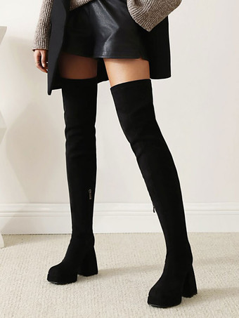 膝上ブーツの上の女性の分厚いヒールマイクロスエードアッパー