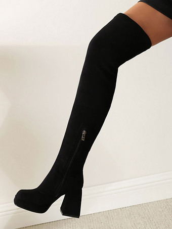 膝上ブーツの上の女性の分厚いヒールマイクロスエードアッパー