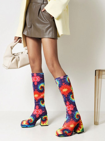 女性用PUレザーチャンキーヒールニーハイブーツ