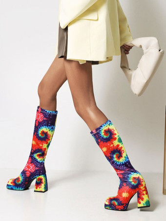 女性用PUレザーチャンキーヒールニーハイブーツ