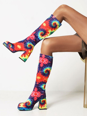 レッド 女性用PUレザーチャンキーヒールニーハイブーツ