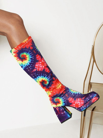 女性用PUレザーチャンキーヒールニーハイブーツ