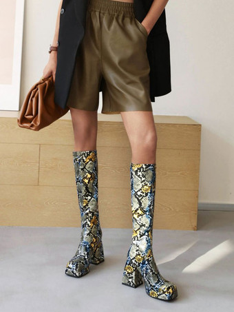 女性用PUレザーチャンキーヒールニーハイブーツ